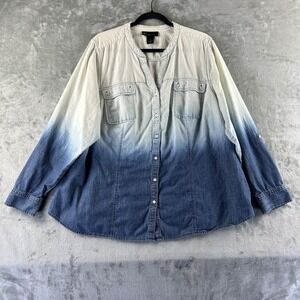 Lane Bryant Button Front Top Women's 26 Chambray Blue Ombré 100% Cotton Roll Tab